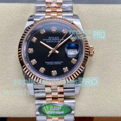 Swiss 3235 Clone Rolex Datejust Black Diamond Dial Two-Tone Jubilee Watch 36mm 